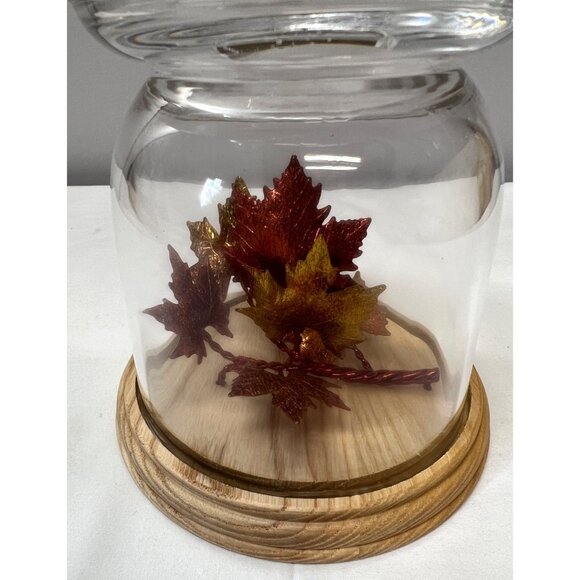 Glass Cloche With Wooden Base & Decorative Autumn Leaves Candle Holder - Picture 1 of 4